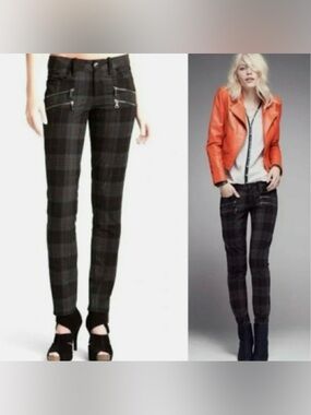 PAIGE Edgerton Plaid Pants Woman Size 0 Black Grey Skinny Moto Zipper Pockets
